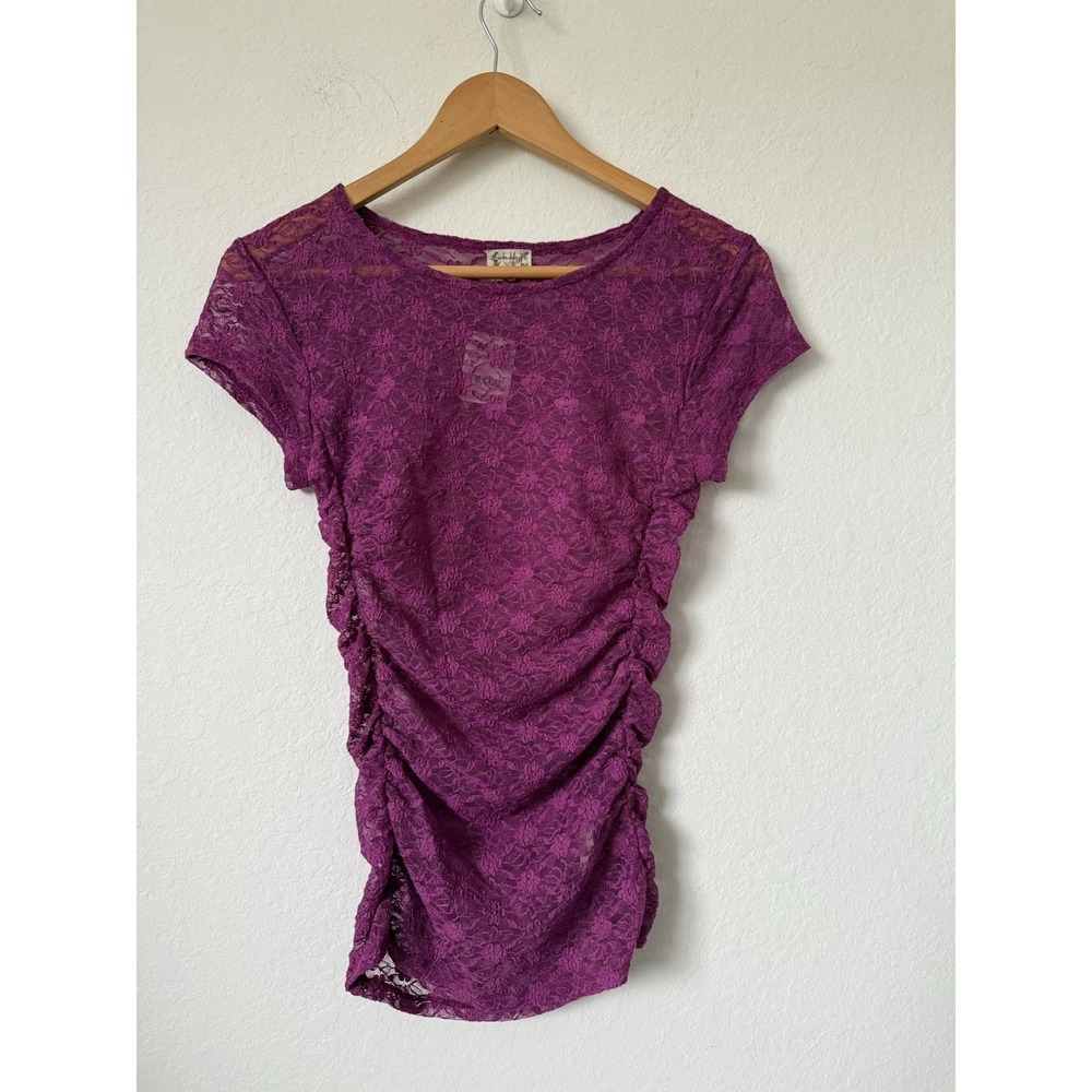 Free People Intimately Keep It Simple Lace Ruched Baby Tee Dramatic Orchid Small